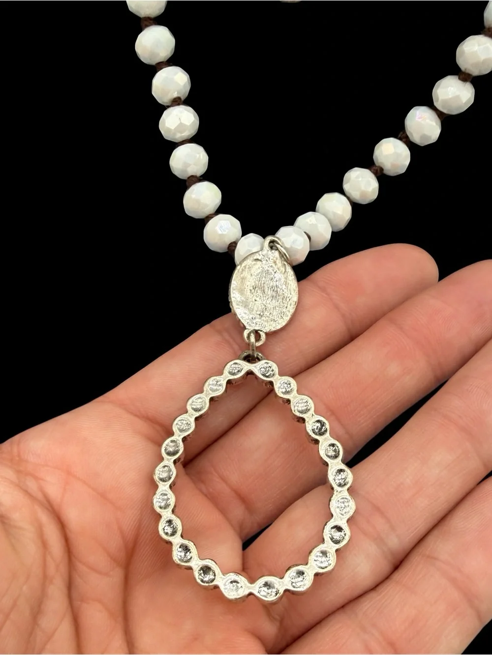 White Faceted Glass Beaded Long Necklace with Rhinestone Teardrop Pendant